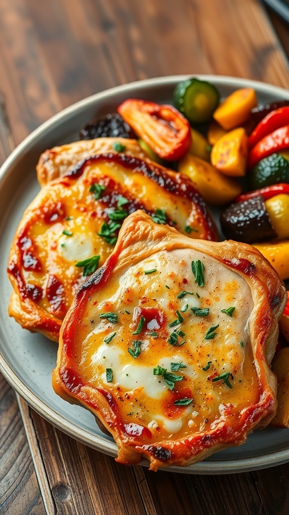 Crispy Air Fryer Pork Chops Recipe Crispy air fryer pork chops on a plate with roasted vegetables, garnished with herbs.